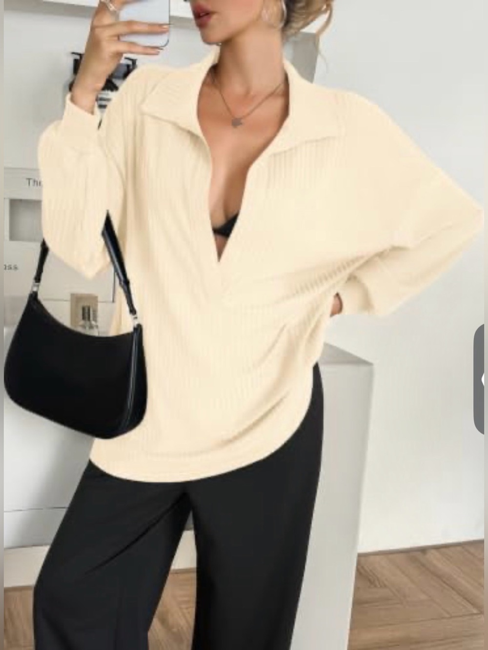 Cream Ribbed Collared V-Neck Women's Top